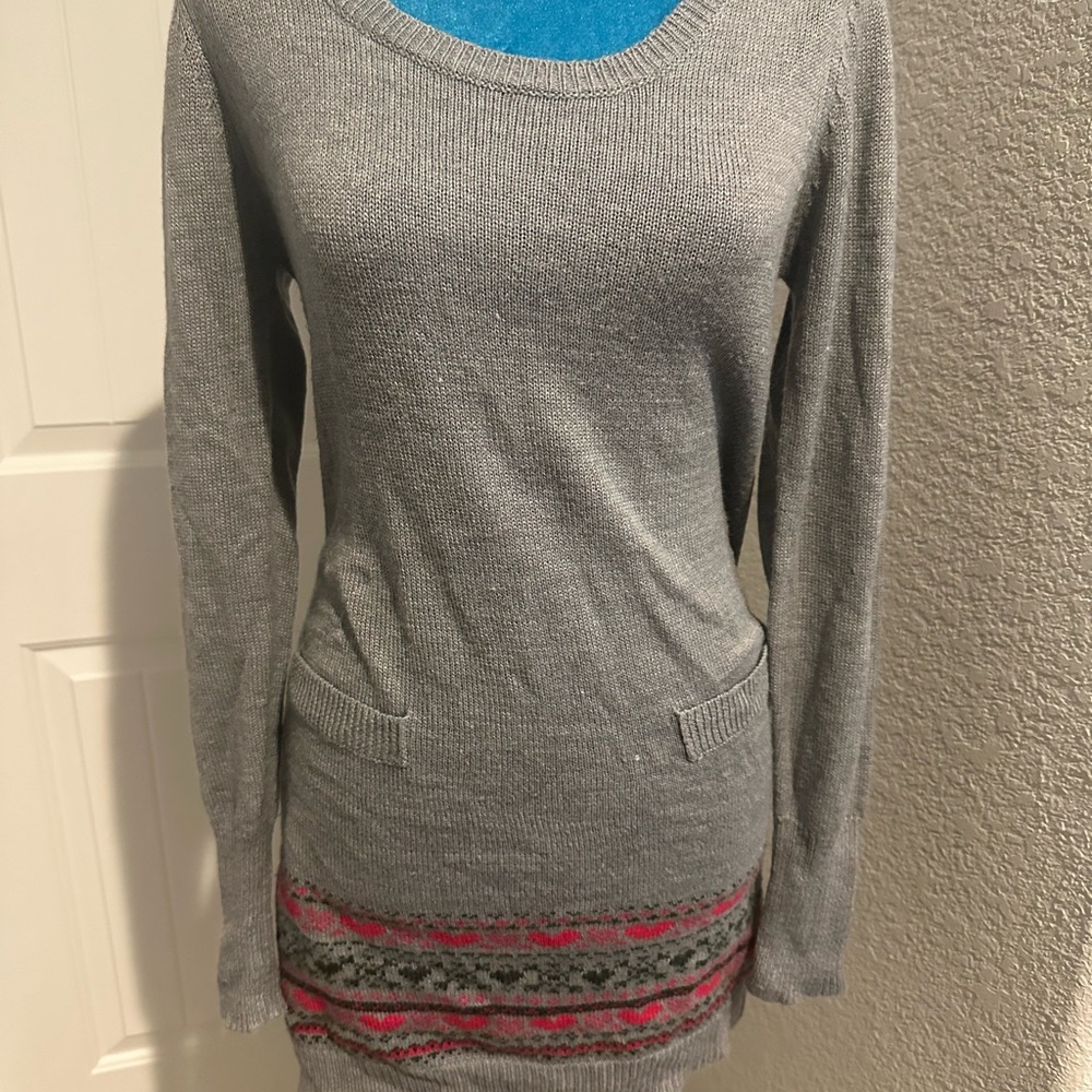 Women’s Soft Gray Long Sleeve Sweater Dress with Fair Isle Hem